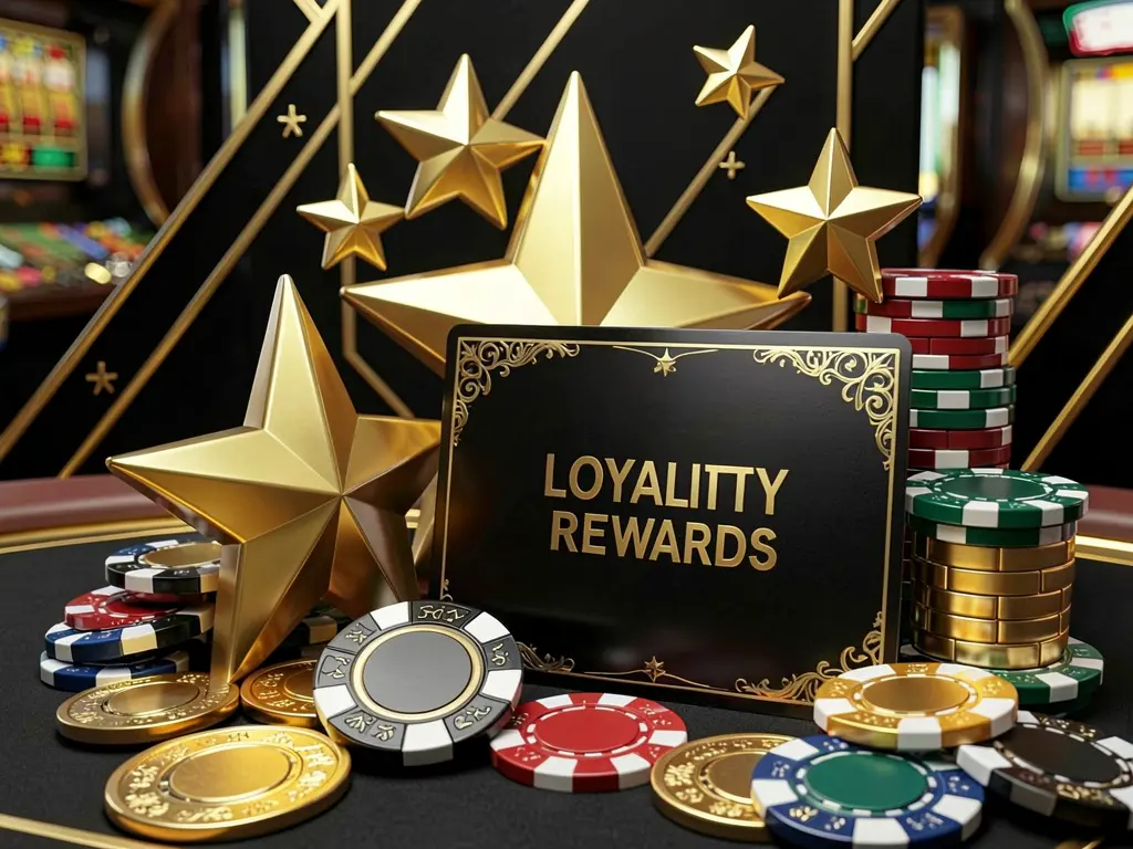 Render 3D realistis dari adegan kasino hadiah loyalitas 999L yang menampilkan bintang emas, chip poker, koin, dan kartu hadiah mewah di atas latar belakang hitam dan emas yang elegan