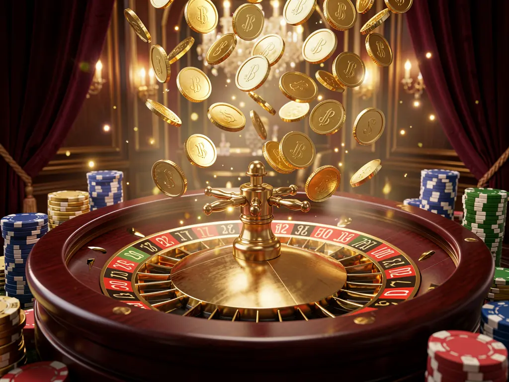 Banner kasino online premium 999L dengan koin emas berjatuhan di atas roda rolet dan chip poker dengan latar belakang mewah yang bercahaya dalam render 3D dinamis