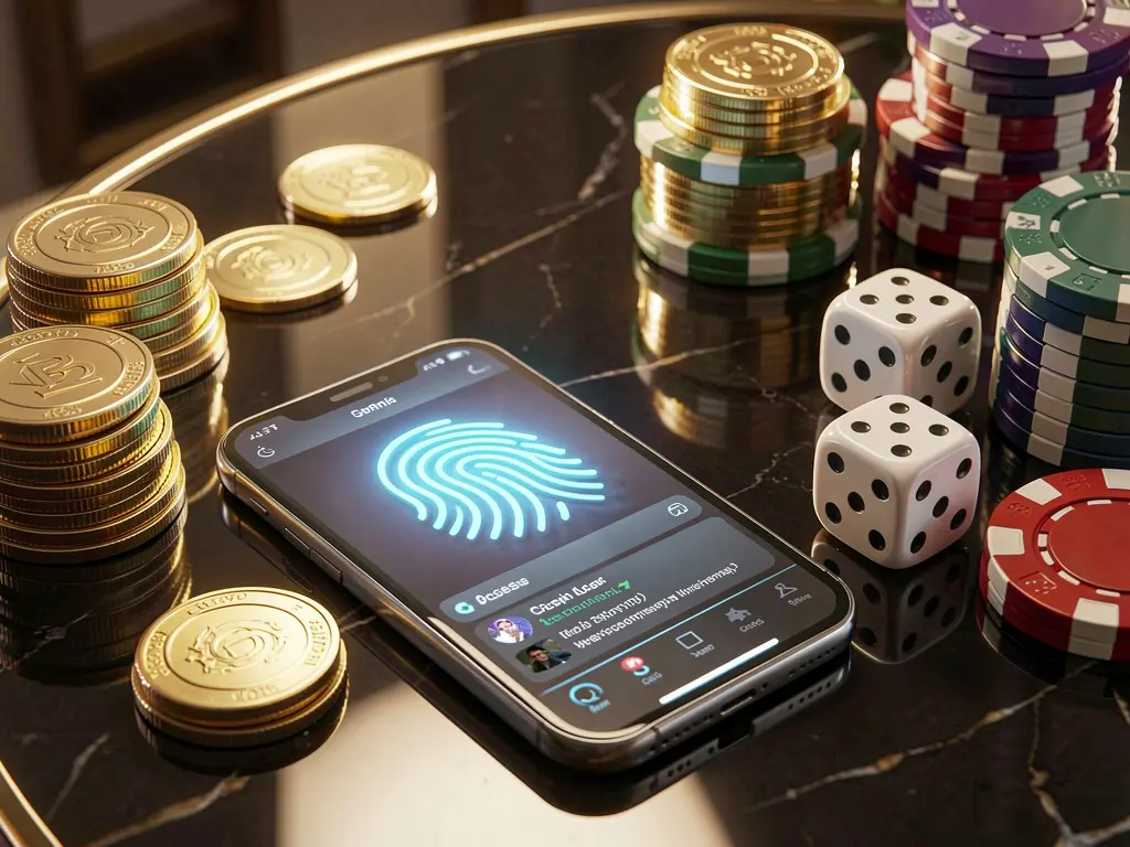 Adegan masuk akun permainan online 999L dengan ponsel pintar yang menampilkan ikon sidik jari bercahaya, koin emas, dadu, dan chip poker di atas meja mengilap di bawah pencahayaan sinematik